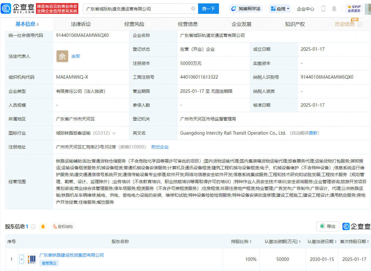 广东省城际轨道交通运营公司成立